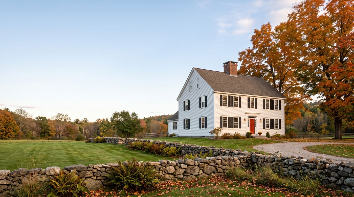 White New England colonial home with black shutters and a red door, framed by a fieldstone wall and autumn sugar maples
