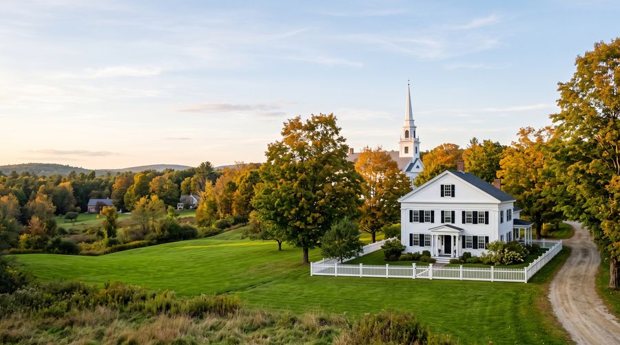 New England village with a white Greek Revival home, picket fence, and church steeple among autumn maples